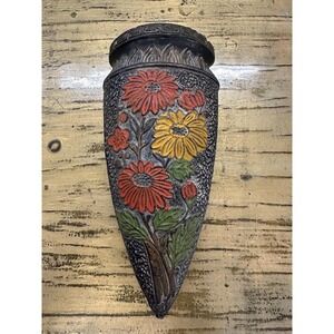 Vintage Japan Ceramic Wall Pocket Blakc Tokanabe Floral